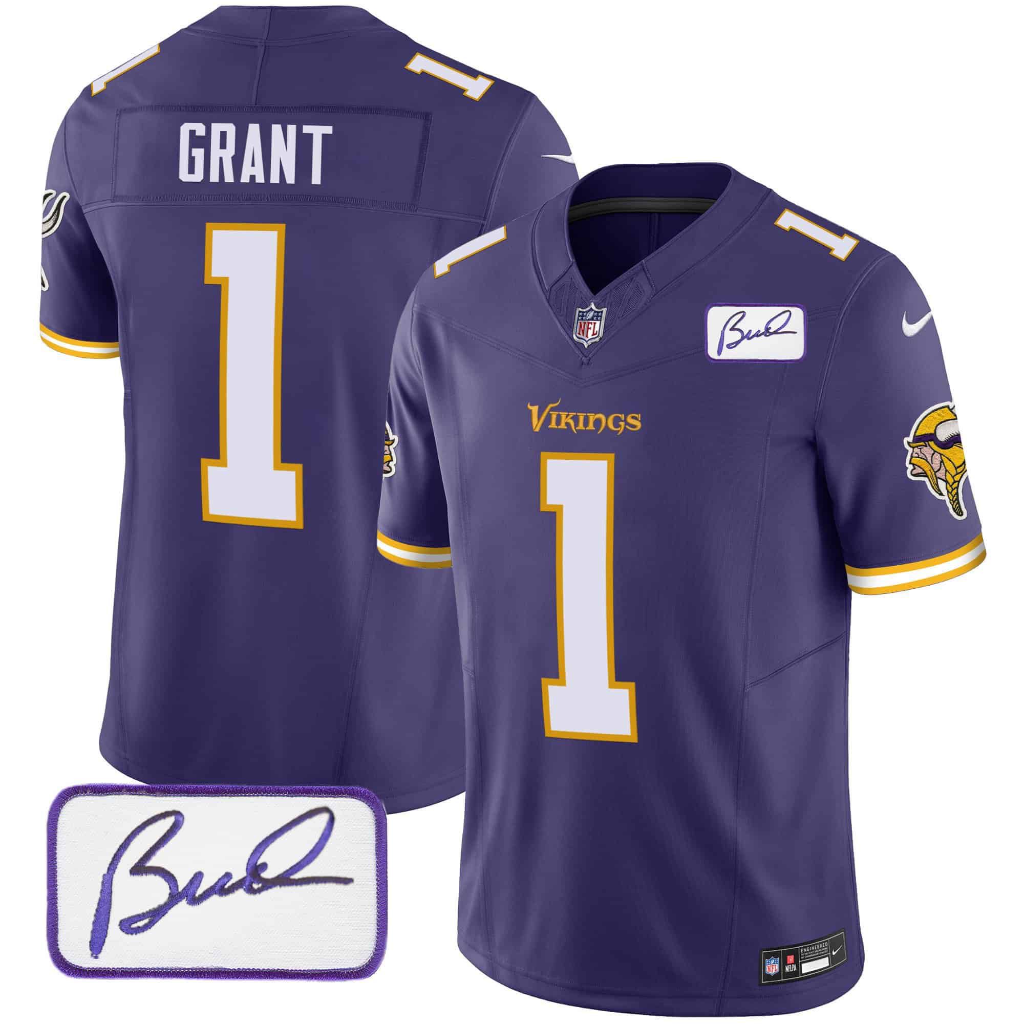 Men Minnesota Vikings 1 Grant Purple 2024 Nike Bud Grant Patch Classic Limited NFL Jersey style 5